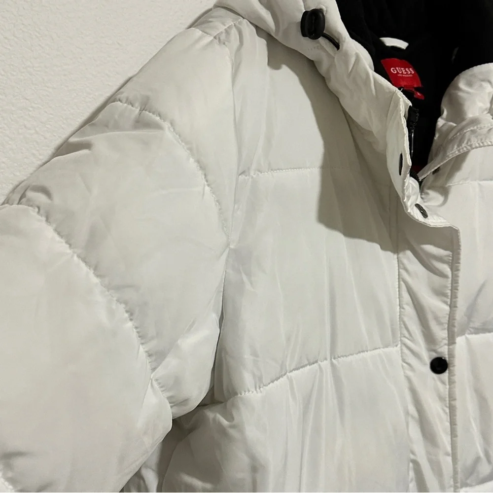 Guess White Black Longline Hooded Zip Button Puffer Jacket / Coat Size XL